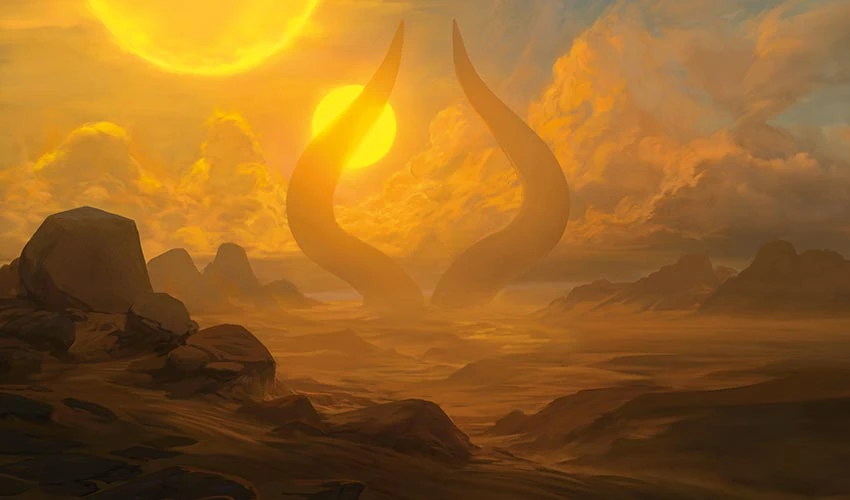 Two immense, curving black horns emerge from a vast desert landscape, framing a setting sun in the hazy orange sky.