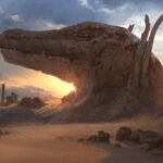 Sobek shaped temple statue from mtg. A massive, weathered rock formation carved into the shape of a detailed crocodile head sits half-buried in desert sand, illuminated by a low sun.