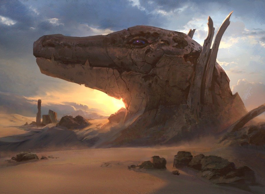 Sobek shaped temple statue from mtg. A massive, weathered rock formation carved into the shape of a detailed crocodile head sits half-buried in desert sand, illuminated by a low sun.