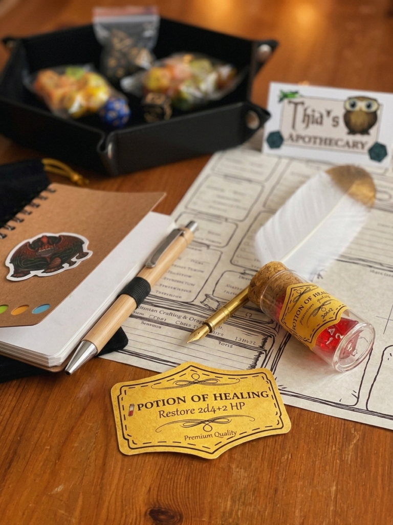 D&D essentials for new players with dice, notebook, pencil, and character sheet